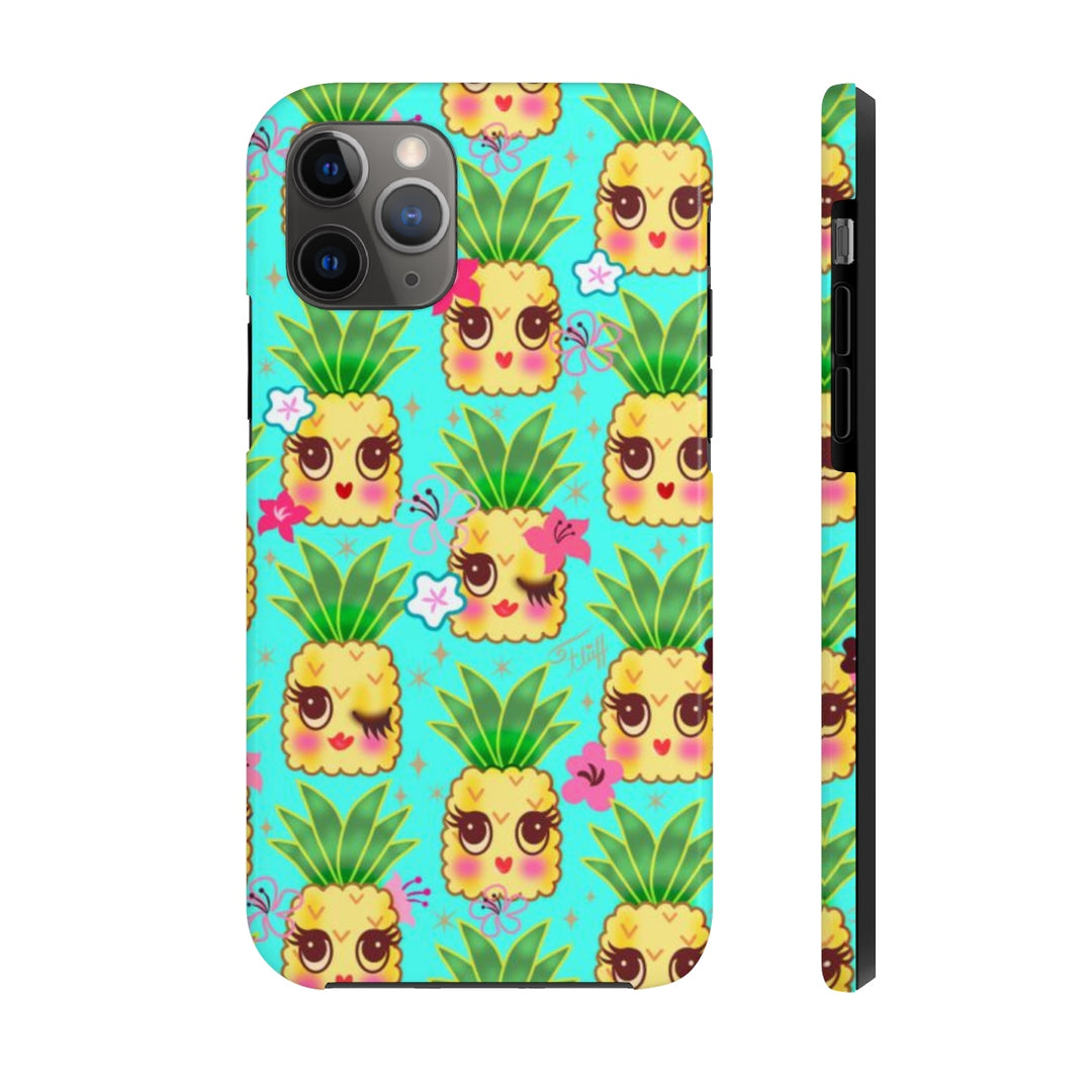 Happy Kawaii Cute Pineapples on Aqua • Phone Case