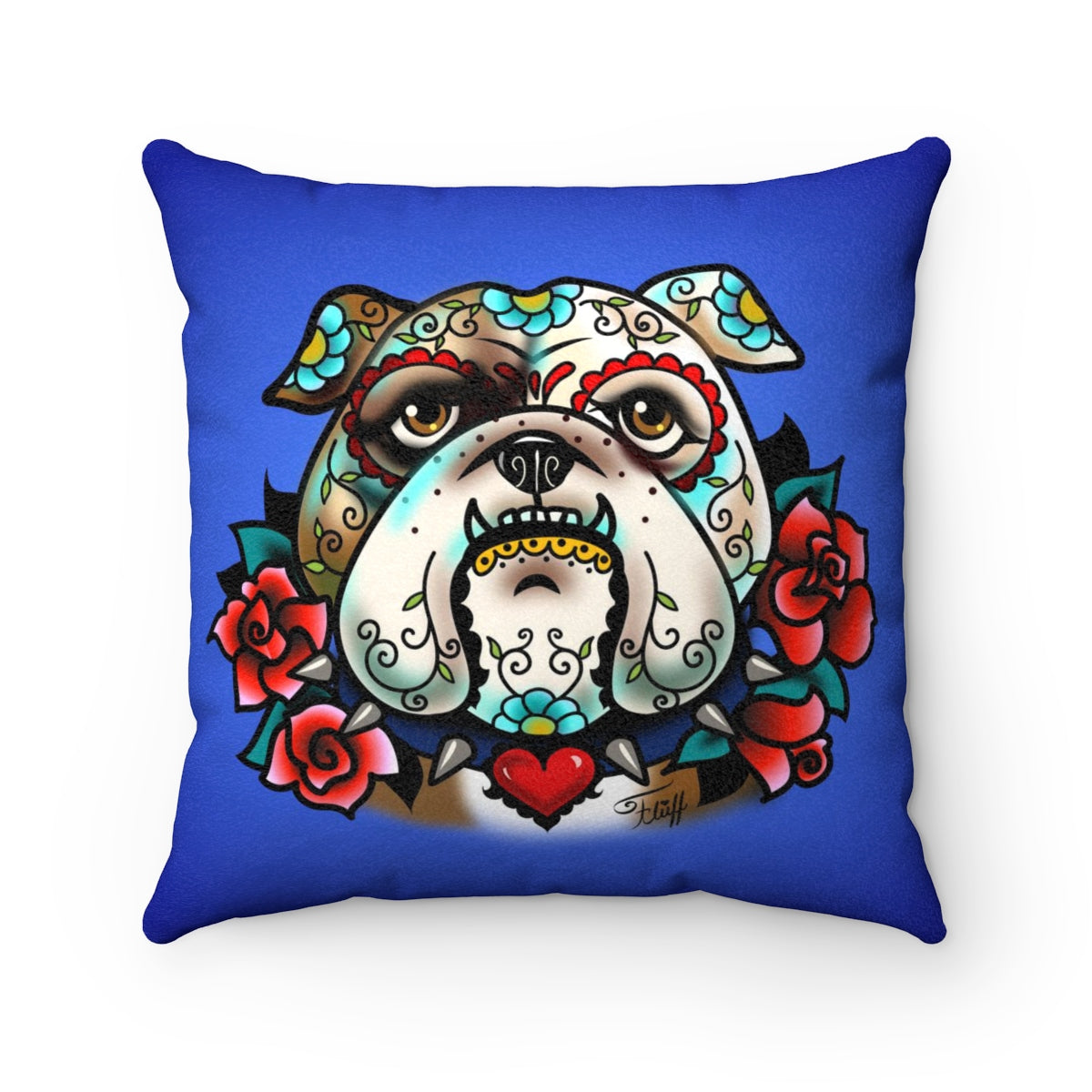 Sugar Skull Bulldog With Roses • Faux Suede Pillow