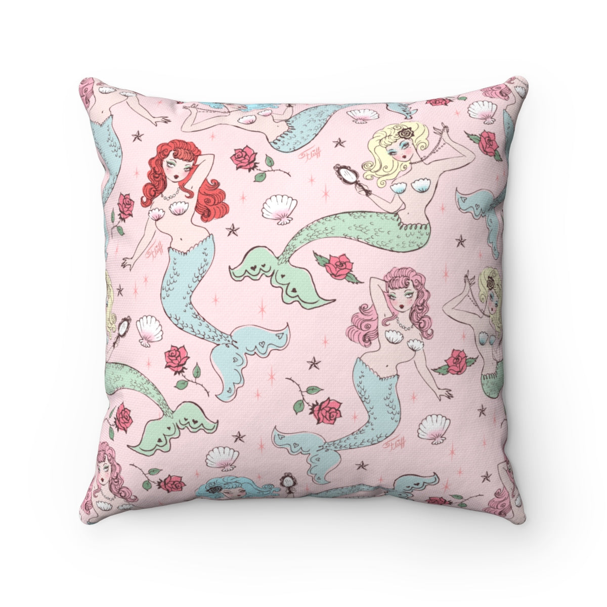 Mermaids and Roses on Pink • Square Pillow