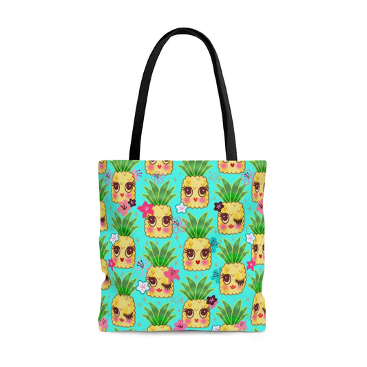 Happy Kawaii Cute Pineapples on Aqua • Tote Bag