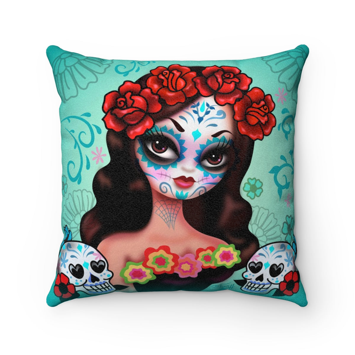 Day of the Dead Girl with Roses • Faux Suede Pillow