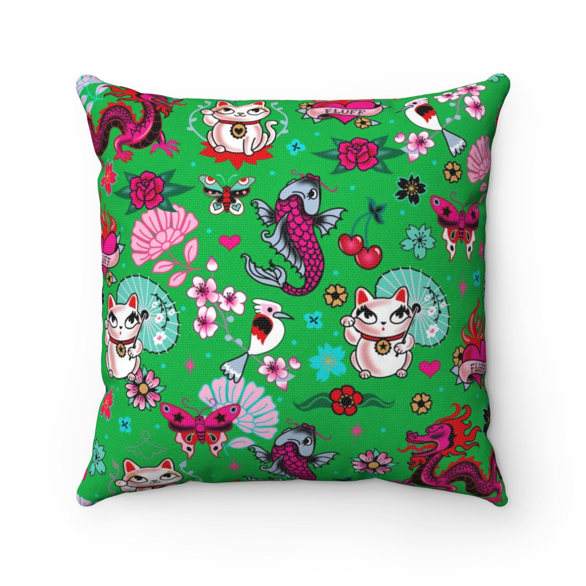 Lucky Cat on Green • Square Pillow