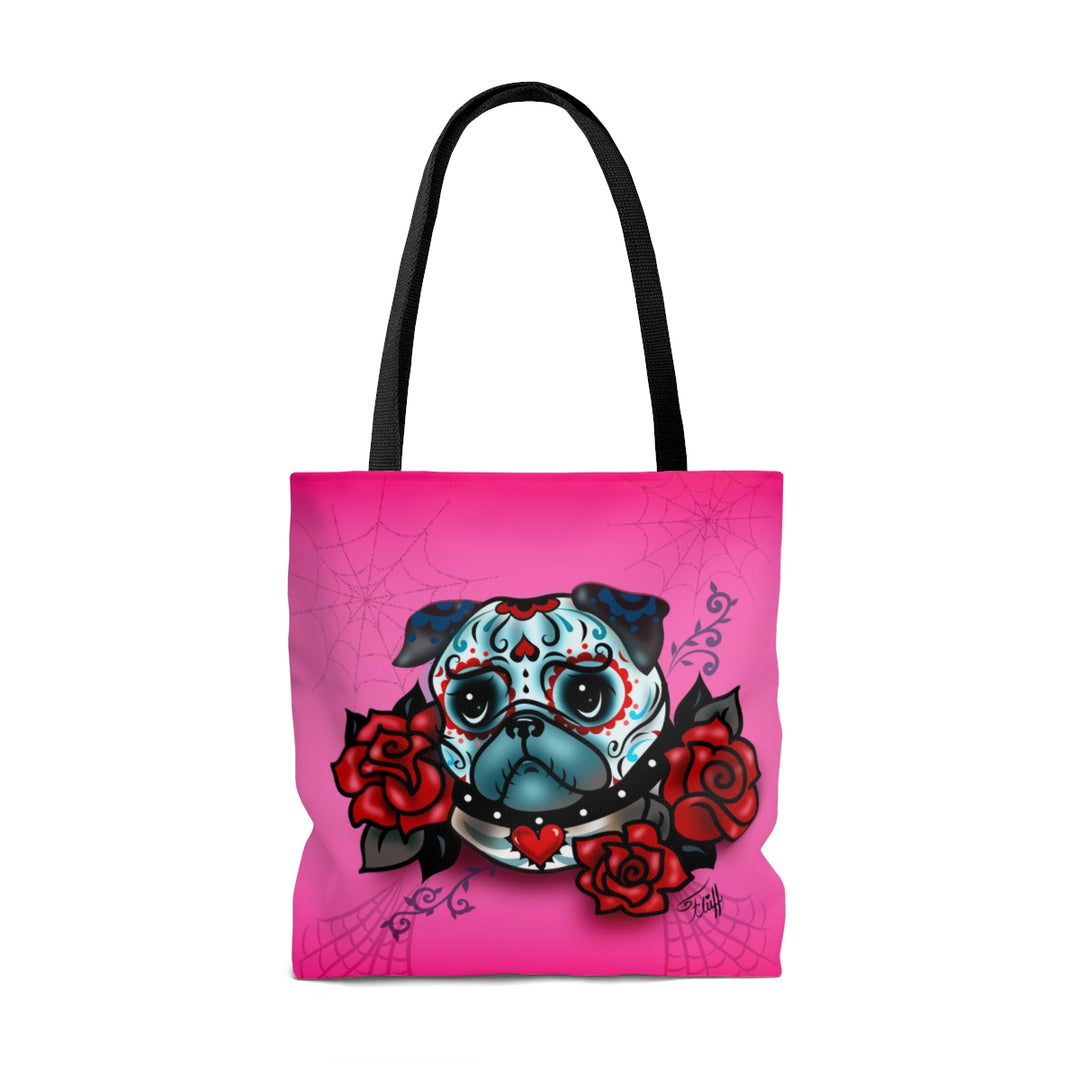 Sugar Skull Pug With Roses on Hot Pink • Tote Bag