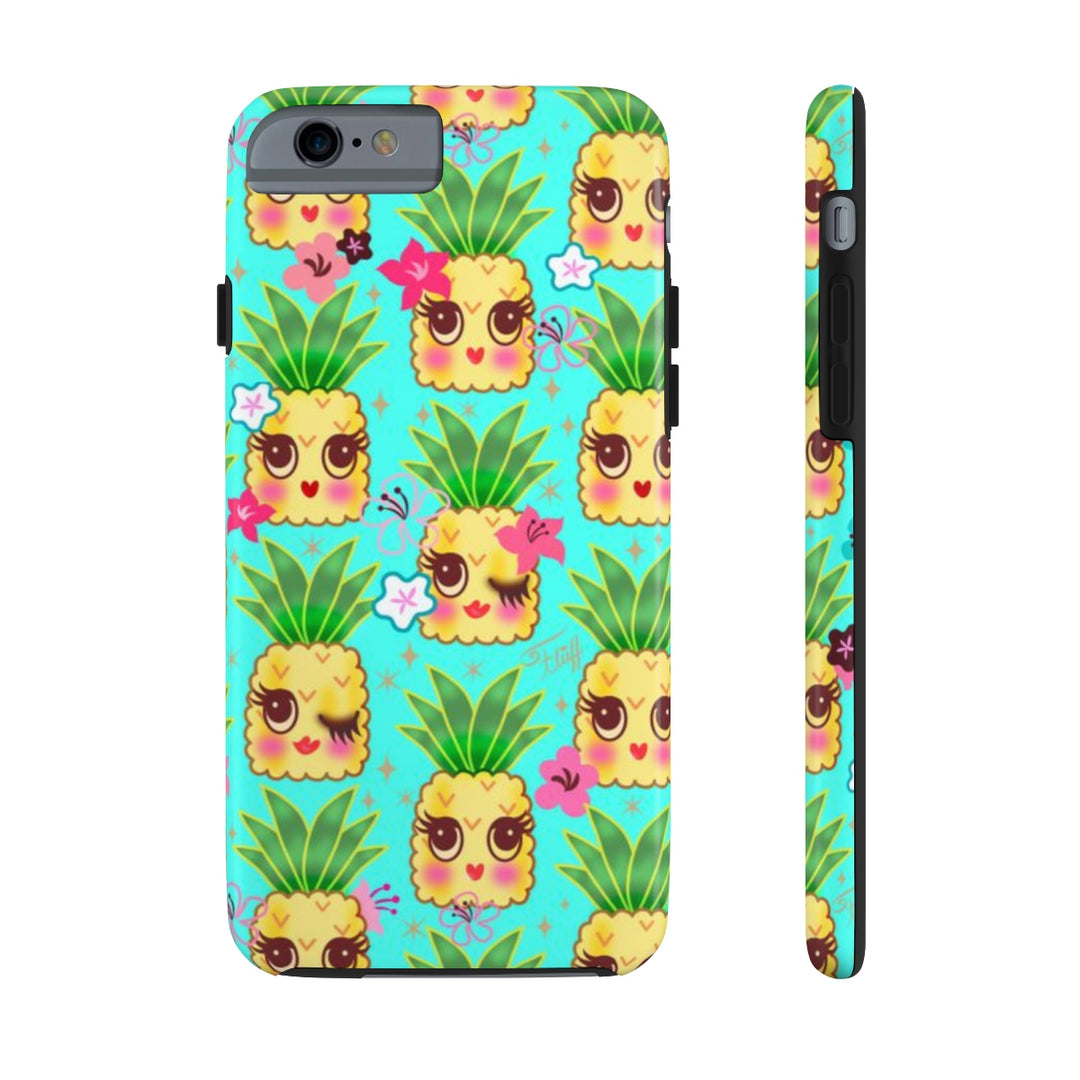 Happy Kawaii Cute Pineapples on Aqua • Phone Case