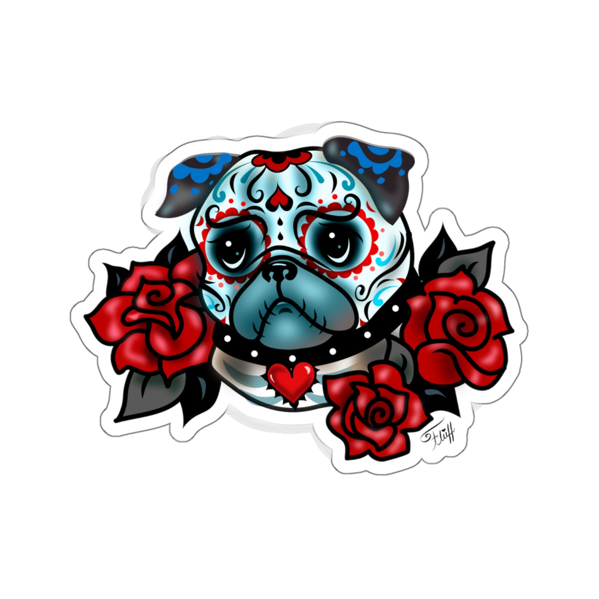 Sugar Skull Pug with Roses • Kiss-Cut Sticker