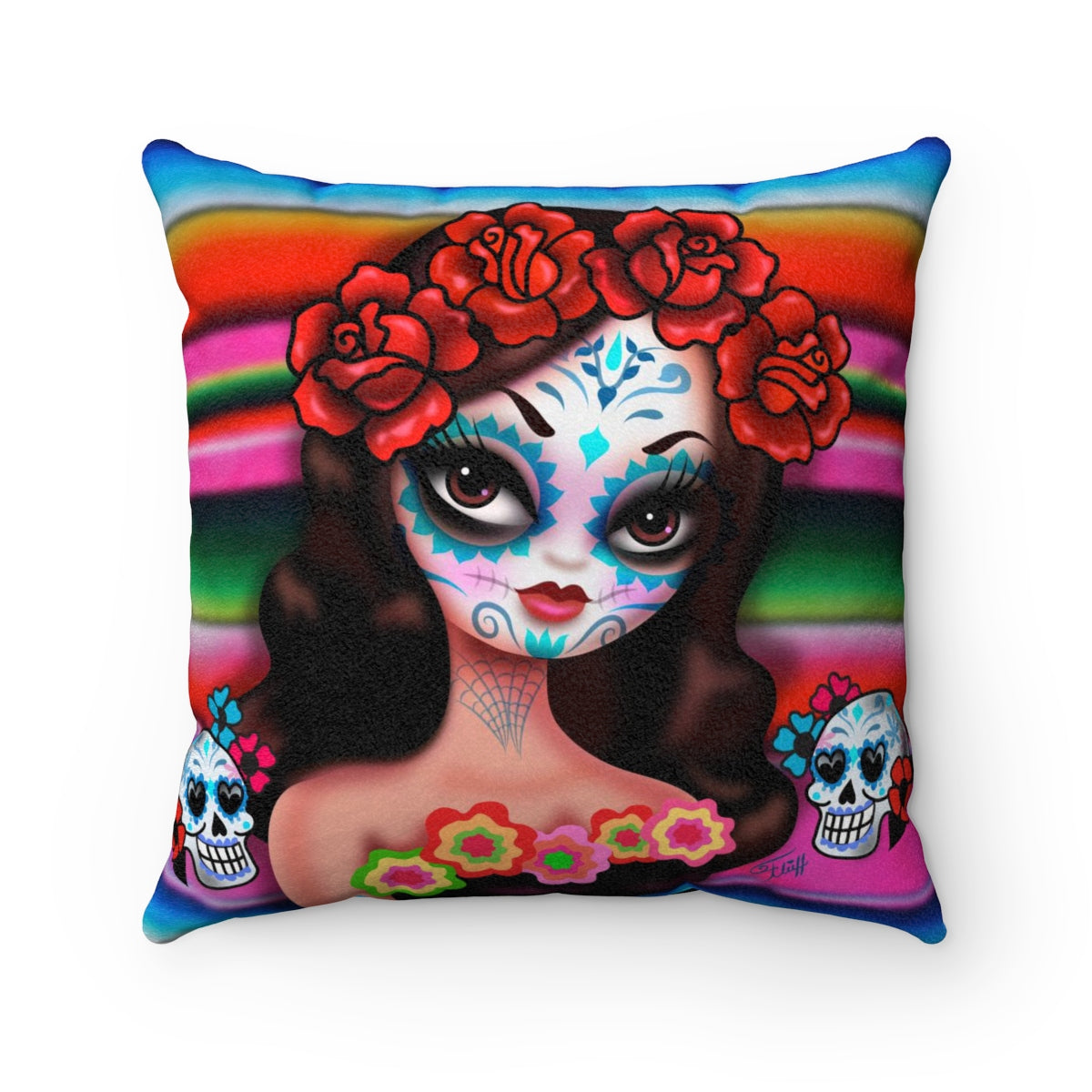 Day of the Dead Girl on Sarape • Faux Suede Pillow