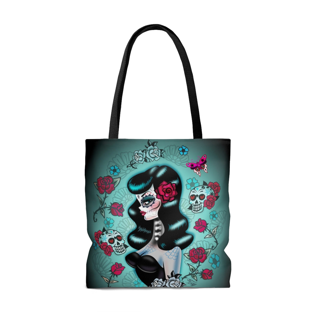 Raven Haired Day of the Dead Sugar Skull Pinup • Tote Bag