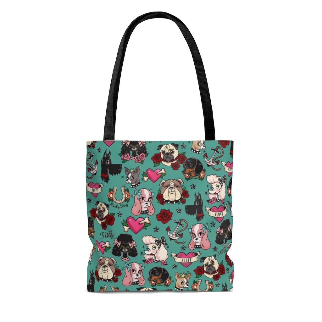 Tattoo Pooch on Teal • Tote Bag