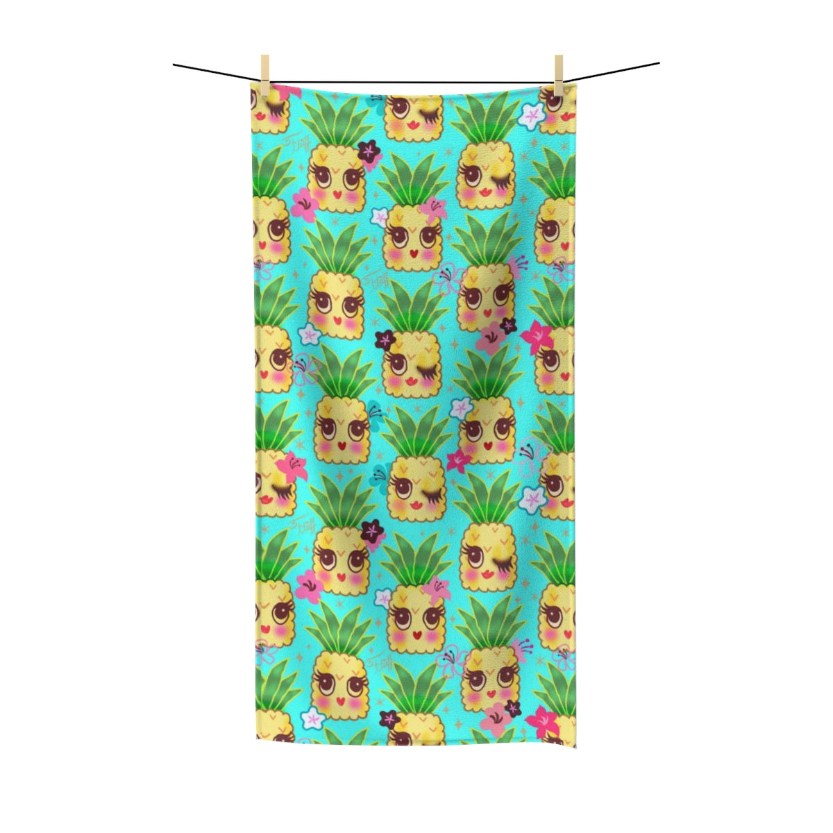 Happy Kawaii Cute Pineapples on Aqua • Towel