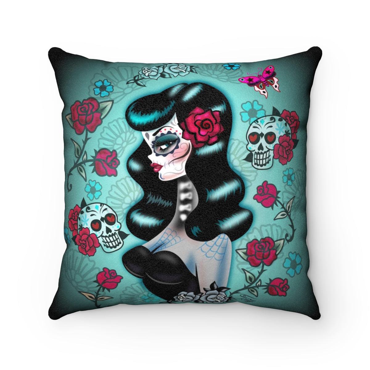 Raven Haired Day of the Dead Sugar Skull Pinup • Faux Suede Pillow
