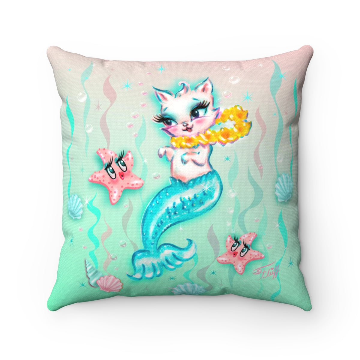 Merkitten with Lei and Starfish • Square Pillow