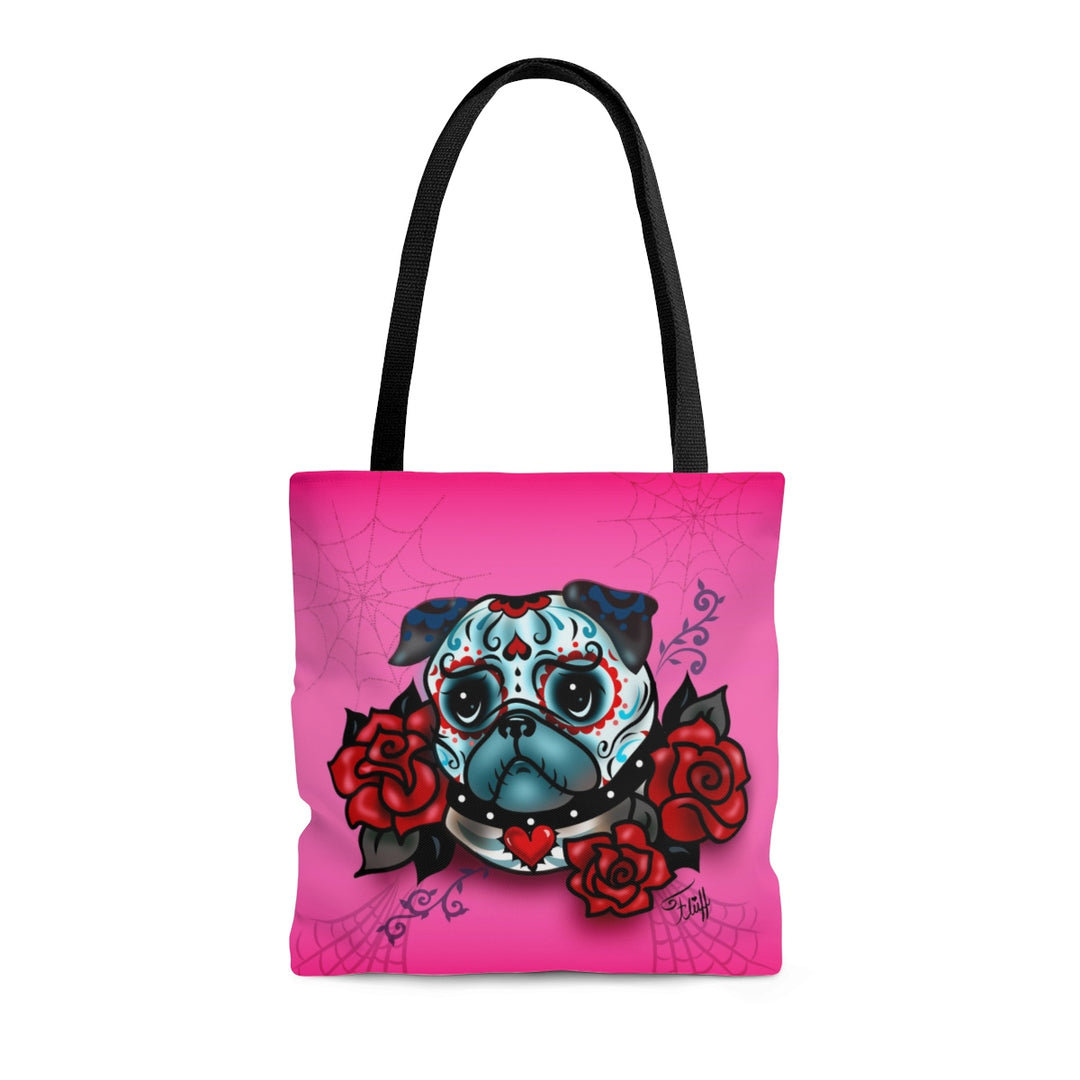 Sugar Skull Pug With Roses on Hot Pink • Tote Bag