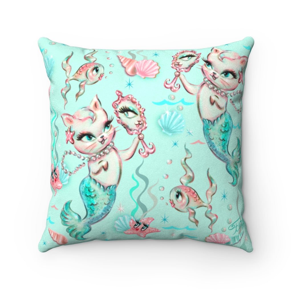 Merkittens with Pearls Aqua • Faux Suede Pillow