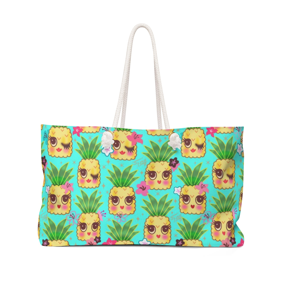 Happy Kawaii Cute Pineapples on Aqua • Weekender Bag
