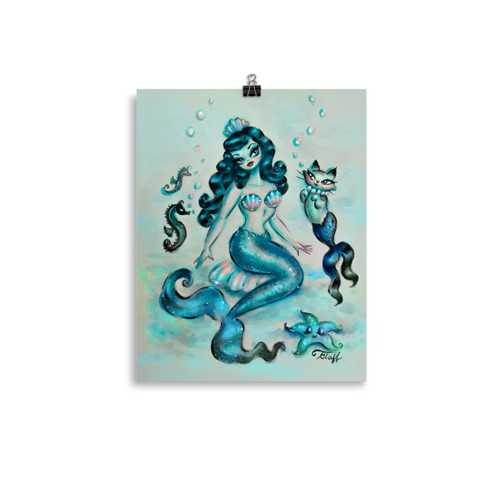 Mermaid in Blue with Merkitty • Art Print
