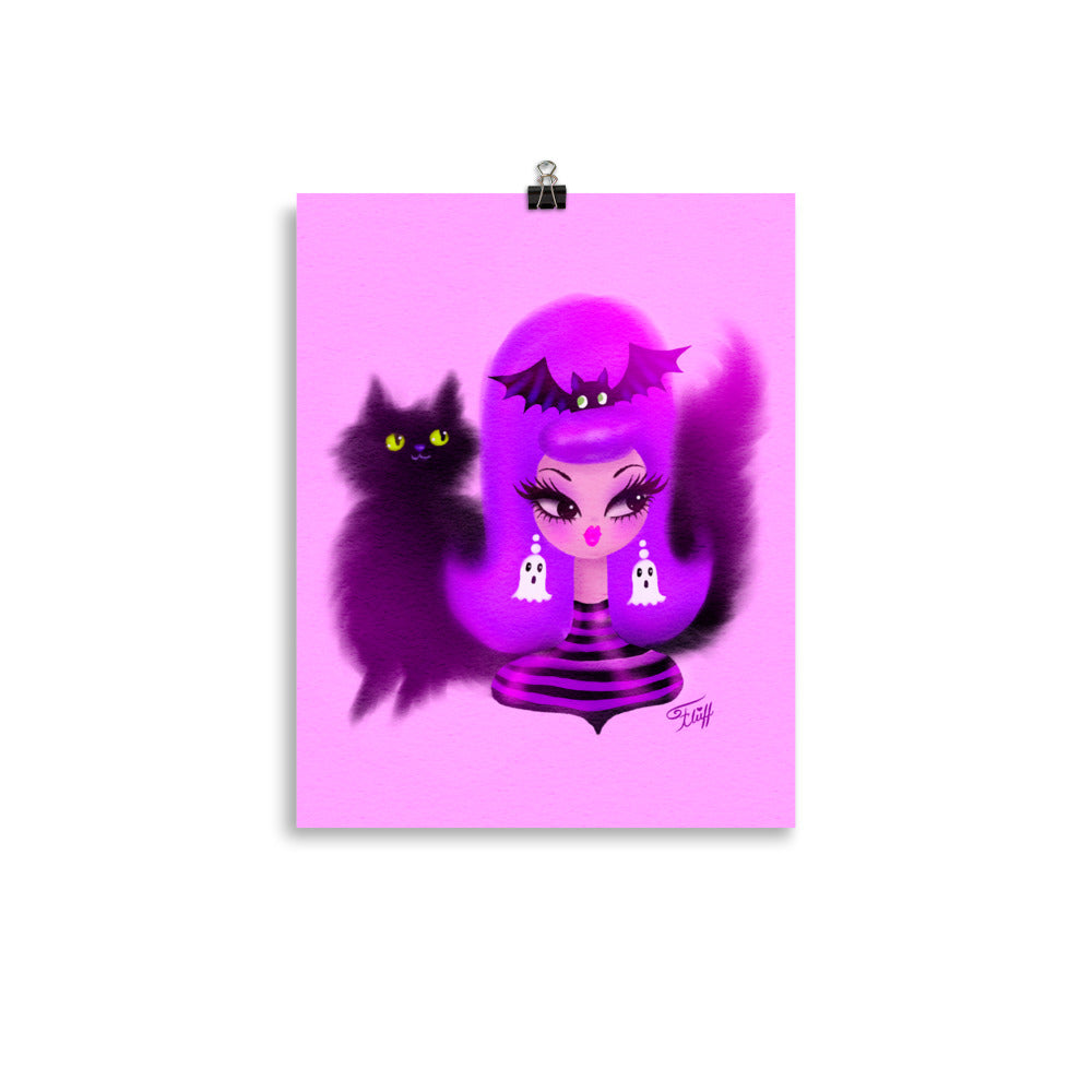 Spooky Girl with Purple Bouffant and Kitty • Art Print