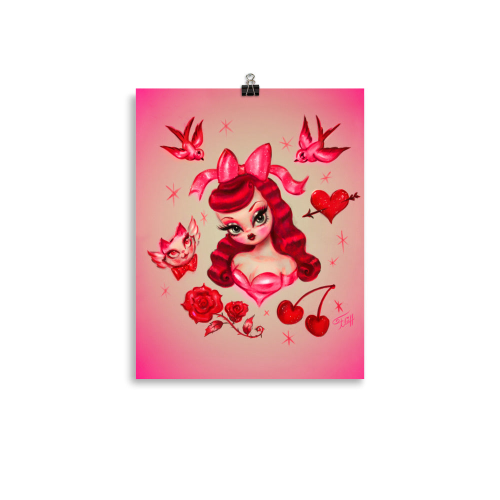 Redhead Valentine Dolly with Kitten Angel • Art Print