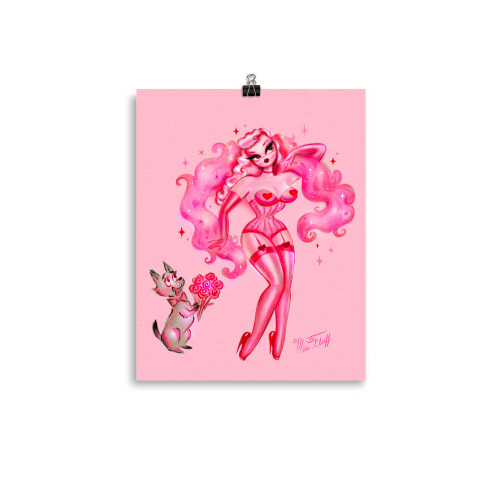 Valentine Burlesque Doll with Doggy Suitor on Pink • Art Print