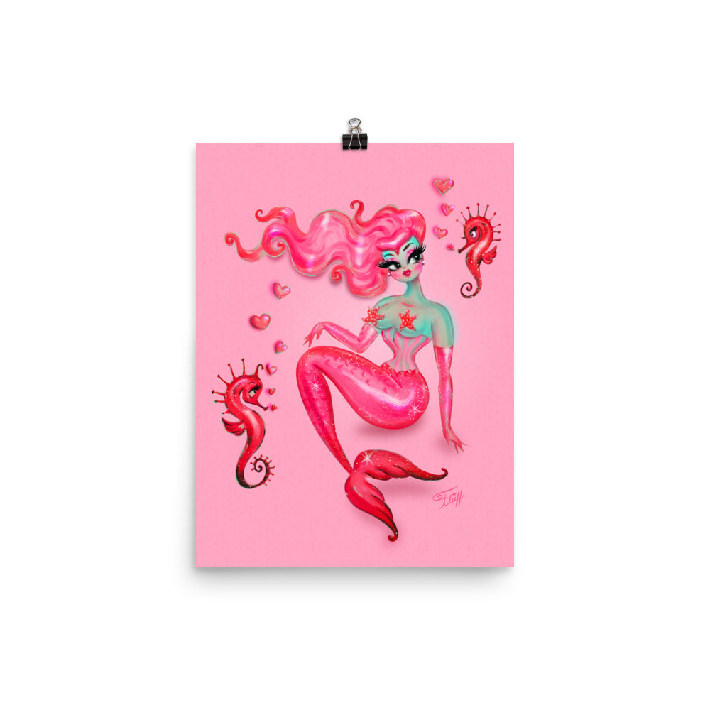 Mermaid on Pink with Smitten Seahorses • Art Print