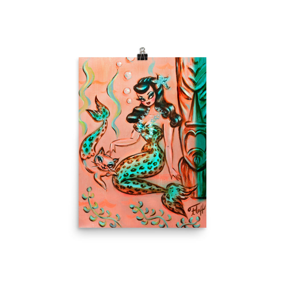 Leopard Mermaid with Merkitten and Tiki • Art Print