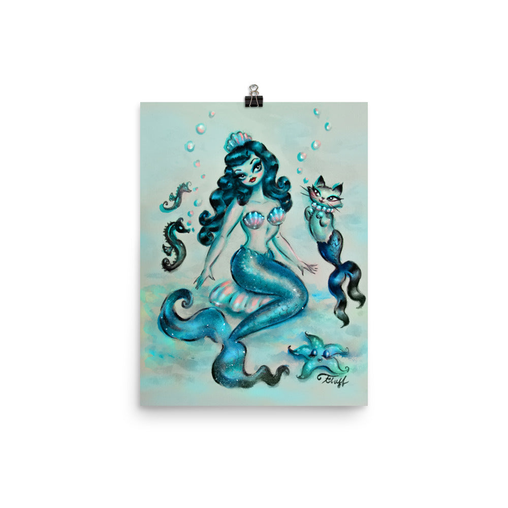 Mermaid in Blue with Merkitty • Art Print