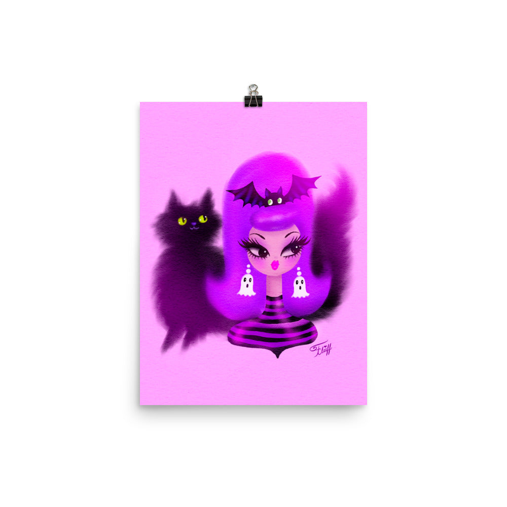 Spooky Girl with Purple Bouffant and Kitty • Art Print