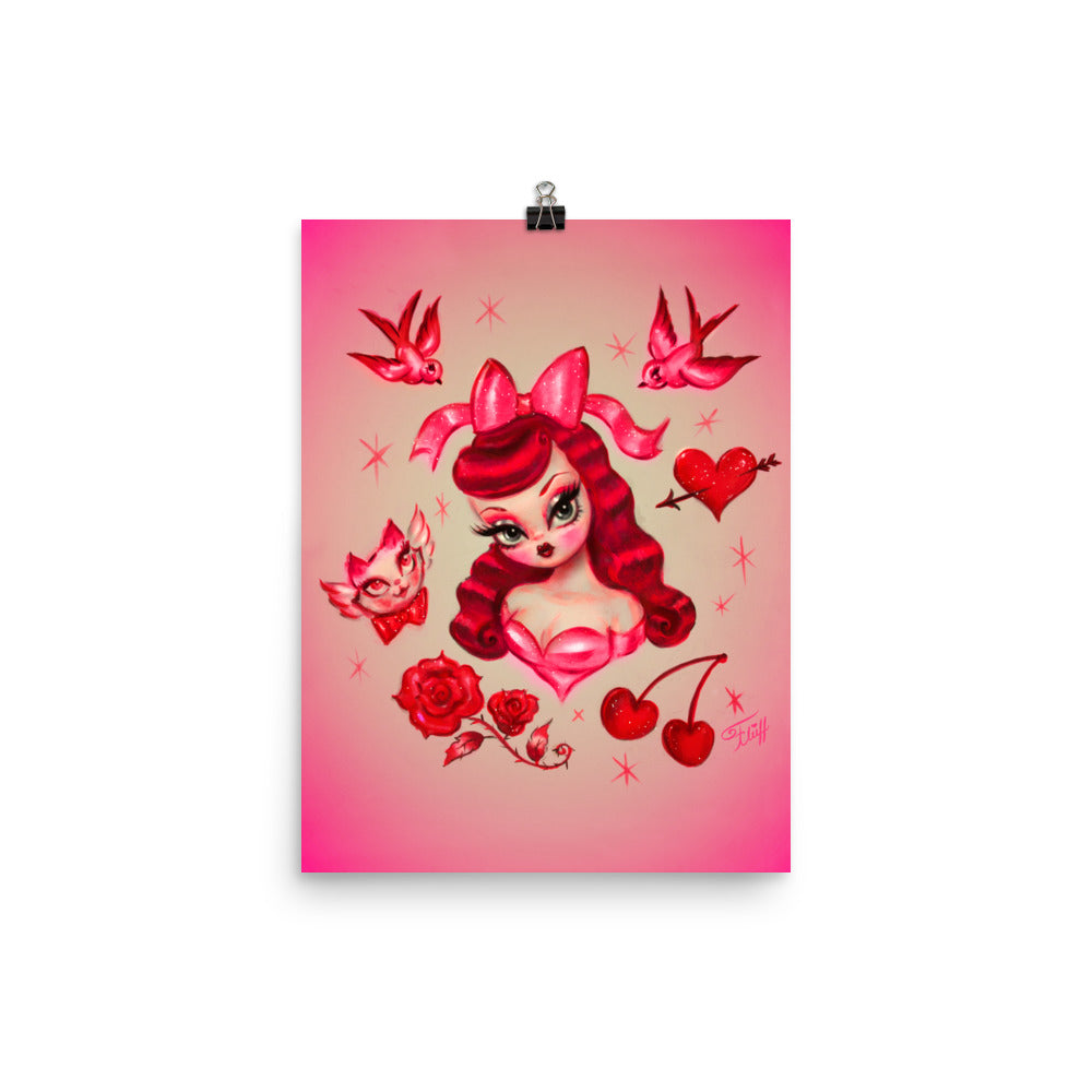 Redhead Valentine Dolly with Kitten Angel • Art Print