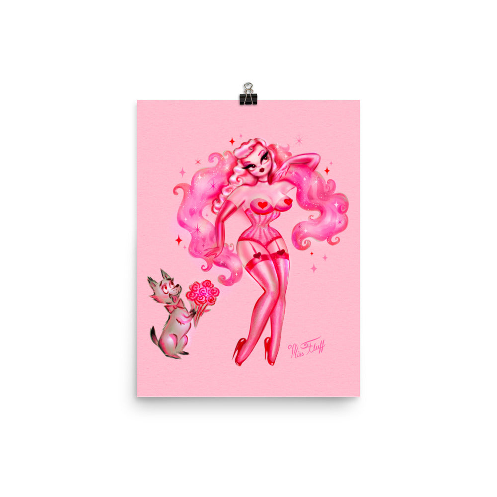 Valentine Burlesque Doll with Doggy Suitor on Pink • Art Print