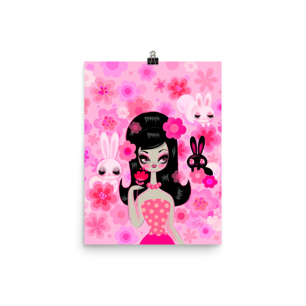 Mod Girl with Bunnies and Flowers • Art Print