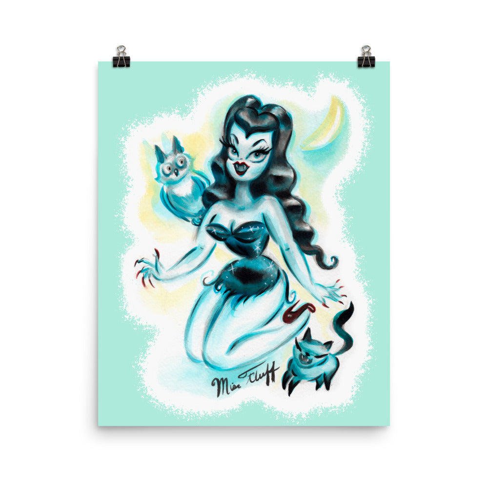 Vampire Pinup with Owl and Kitten • Art Print
