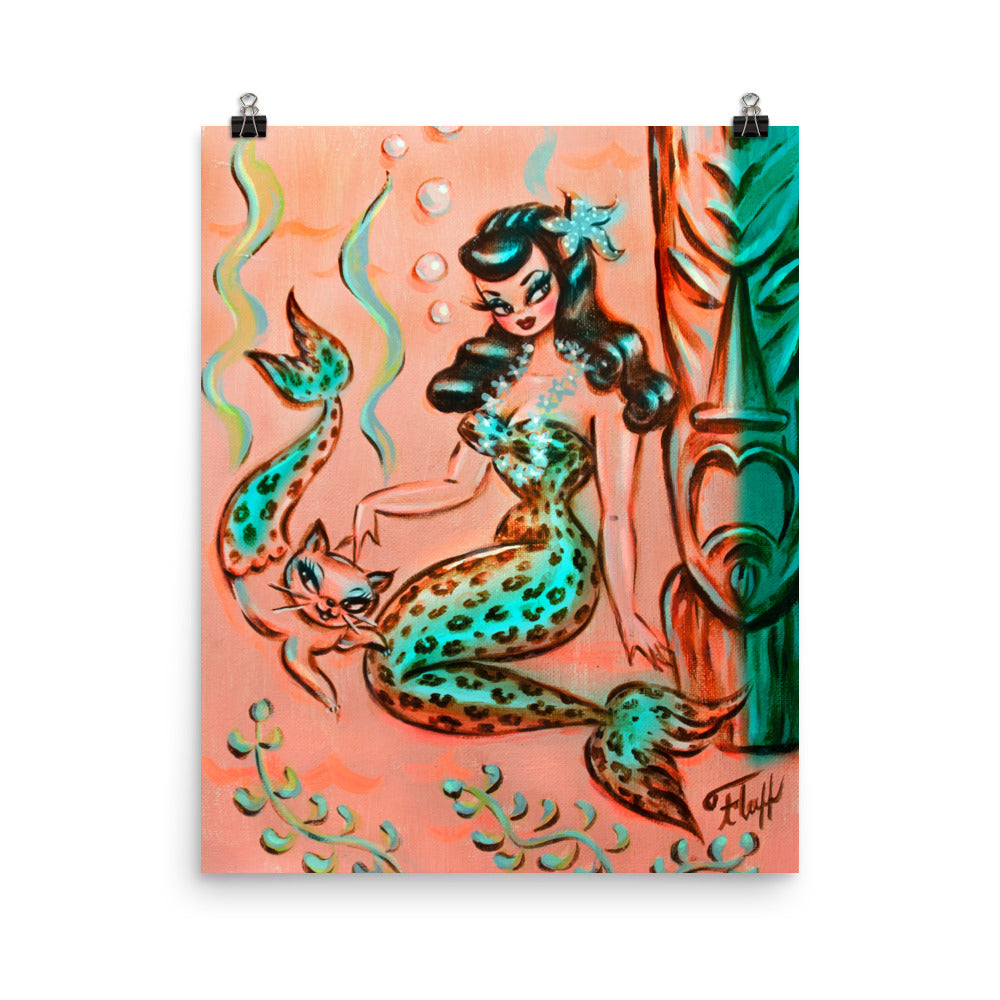 Leopard Mermaid with Merkitten and Tiki • Art Print
