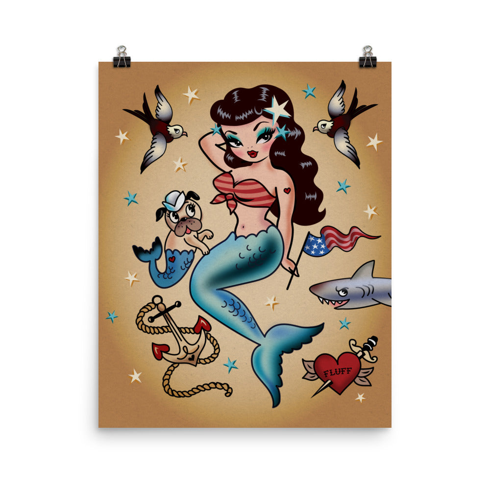 Patriotic Pinup Mermaid with Merpup • Art Print