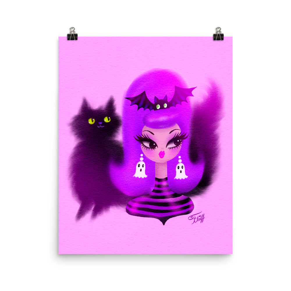 Spooky Girl with Purple Bouffant and Kitty • Art Print