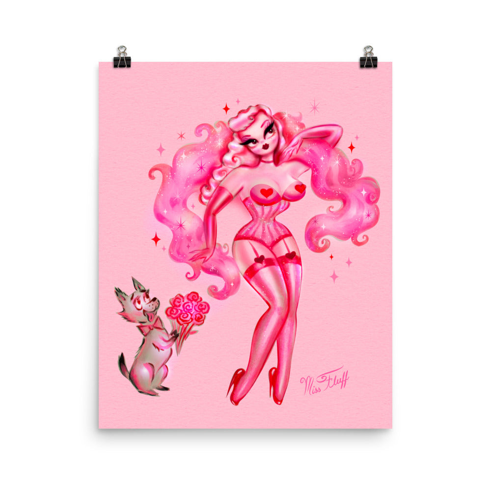 Valentine Burlesque Doll with Doggy Suitor on Pink • Art Print