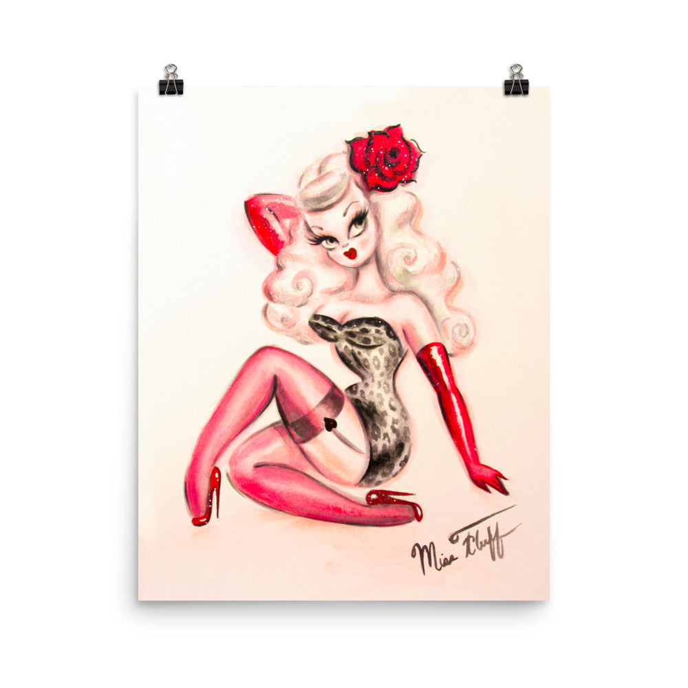 Blonde Pin Up Girl with Red Rose • Art Print