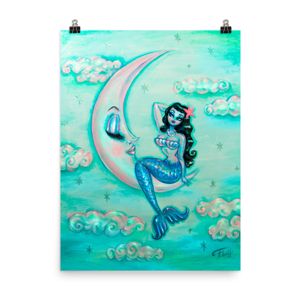 Raven Haired Mermaid on the Moon • Art Print