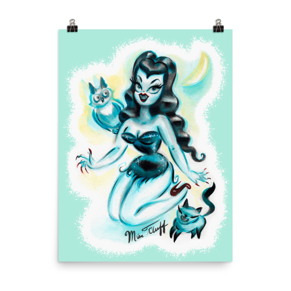 Vampire Pinup with Owl and Kitten • Art Print