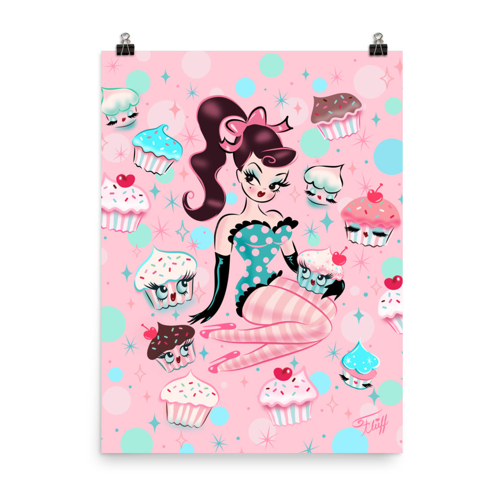 Cupcake Doll with Chocolate Hair on Pink • Art Print