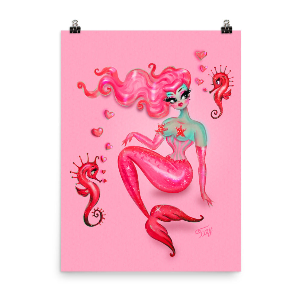 Mermaid on Pink with Smitten Seahorses • Art Print