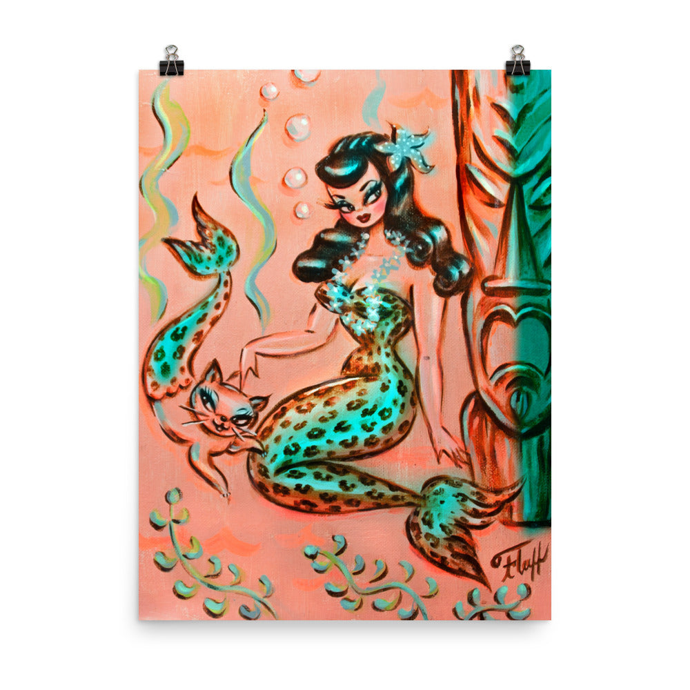 Leopard Mermaid with Merkitten and Tiki • Art Print