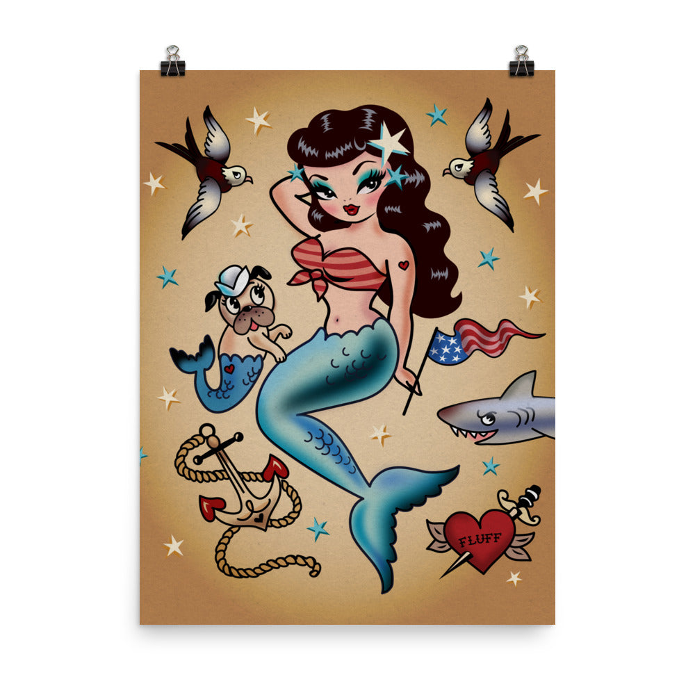 Patriotic Pinup Mermaid with Merpup • Art Print