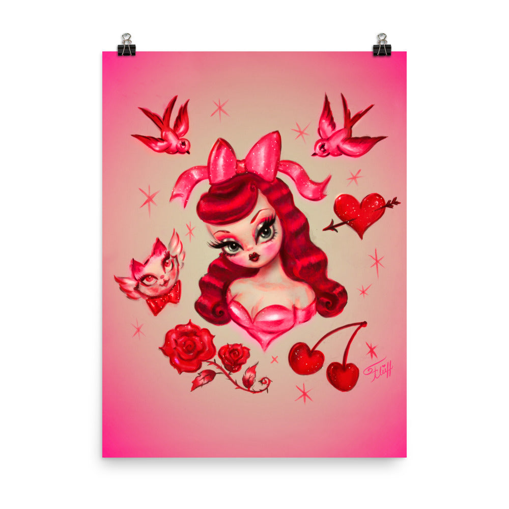 Redhead Valentine Dolly with Kitten Angel • Art Print