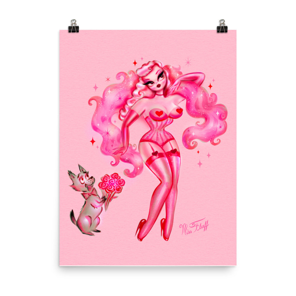 Valentine Burlesque Doll with Doggy Suitor on Pink • Art Print