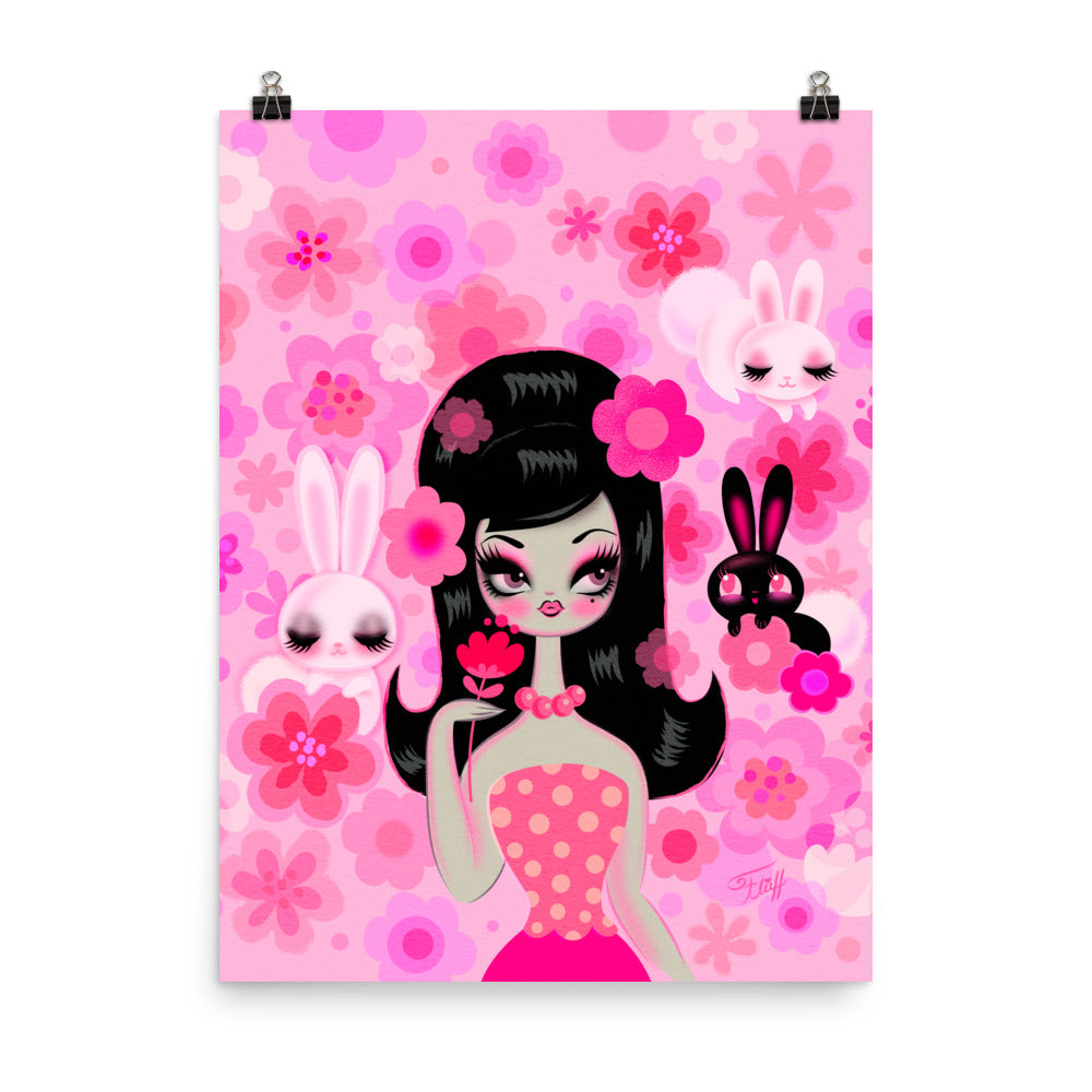 Mod Girl with Bunnies and Flowers • Art Print