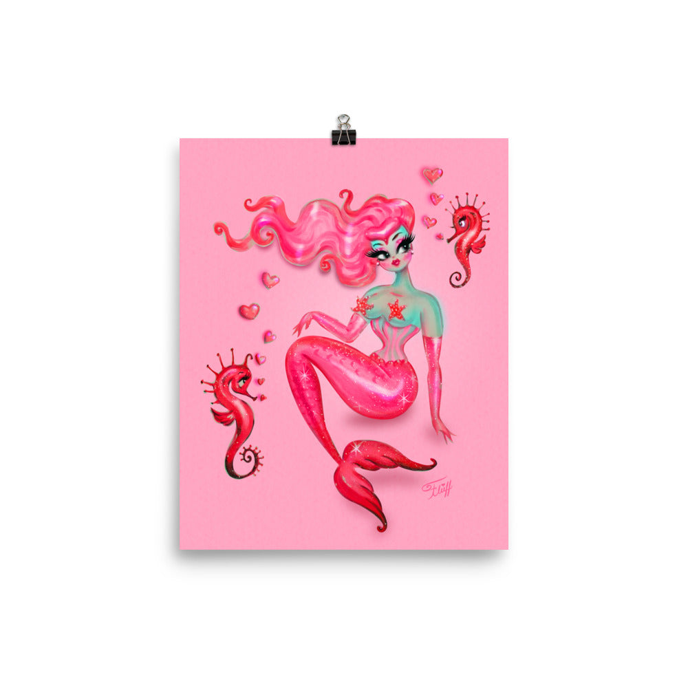 Mermaid on Pink with Smitten Seahorses • Art Print
