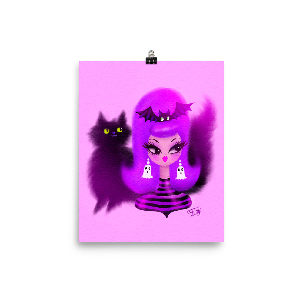 Spooky Girl with Purple Bouffant and Kitty • Art Print