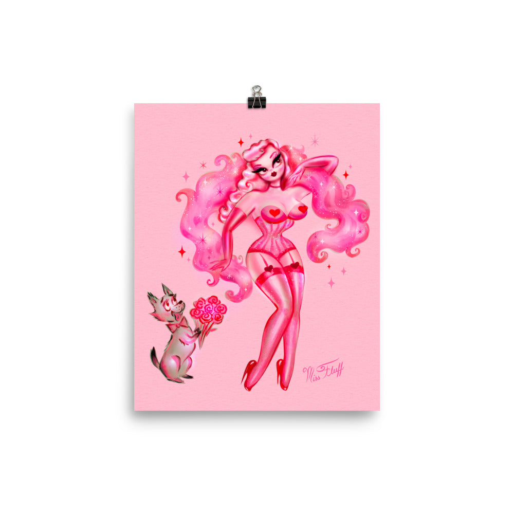 Valentine Burlesque Doll with Doggy Suitor on Pink • Art Print