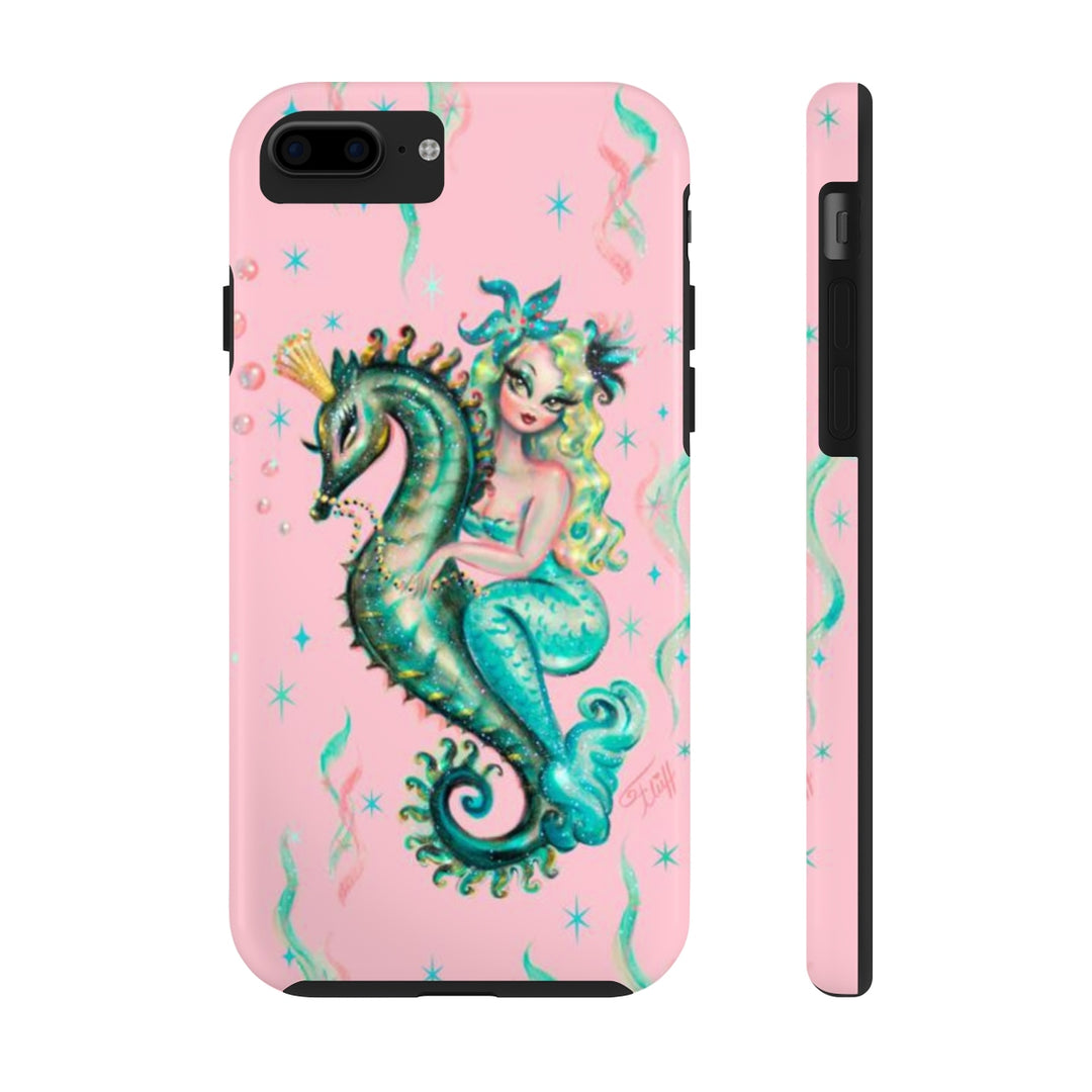 Blue Mermaid Riding a Seahorse Prince Pink • Phone Case