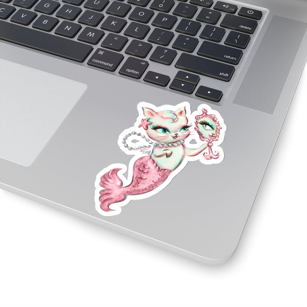 Merkitten with Mirror and Pearls Pink • Kiss-Cut Sticker