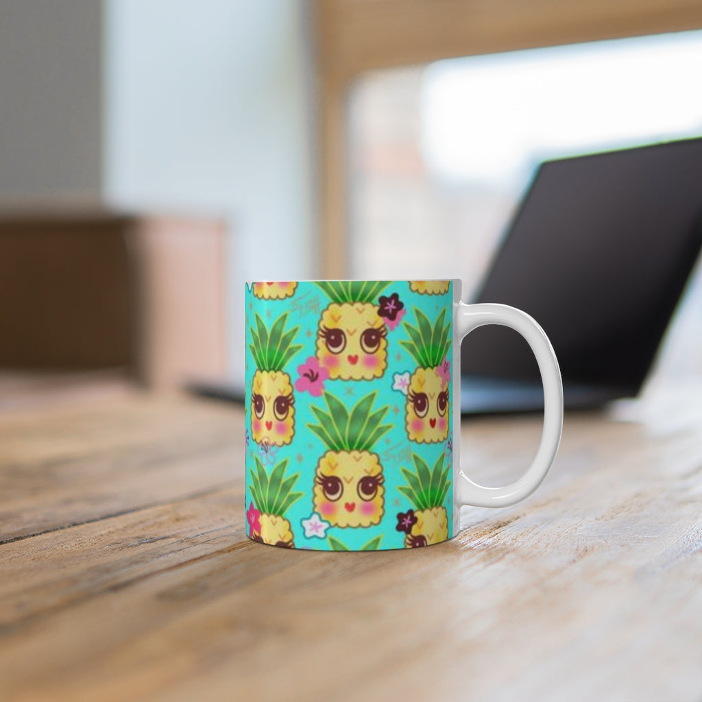 Happy Kawaii Cute Pineapples on Aqua • Mug 11oz